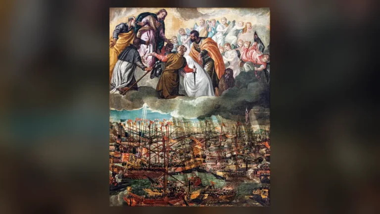 Alegoría de la batalla de Lepanto pintada por Veronés: la Virgen intercede en el cielo mientras las flotas combaten en el mar